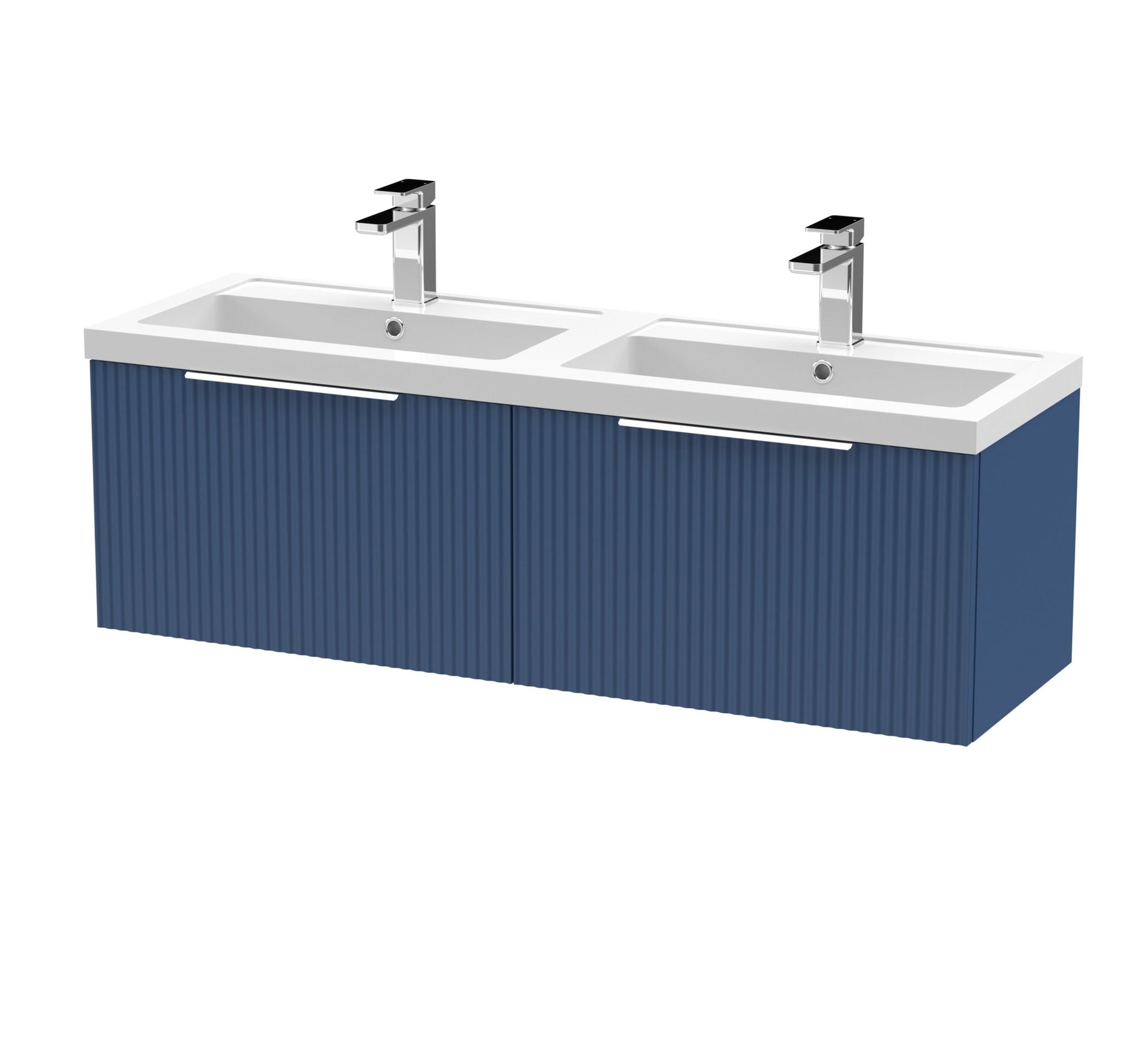 Hudson Reed Fluted 1200mm Wall Hung 2 Drawer Vanity & Double Basin Contemp Satin Blue MFC Painted Gloss 399x1205x383mm - DFF394C - JJ Building Materials