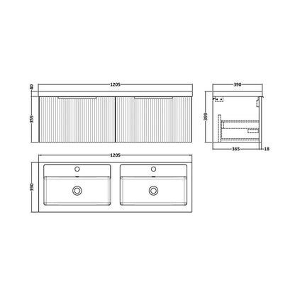 Hudson Reed Fluted 1200mm Wall Hung 2 Drawer Vanity & Double Basin Contemp Satin Blue MFC Painted Gloss 399x1205x383mm - DFF394C - JJ Building Materials