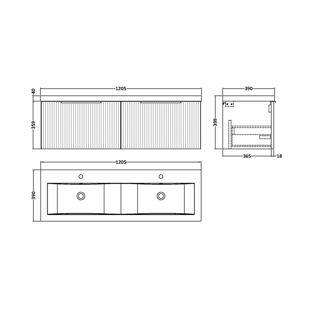 Hudson Reed Fluted 1200mm Wall Hung 2 Drawer Vanity & Double Basin Contemp Satin Blue MFC Painted Gloss 399x1205x383mm - DFF394F - JJ Building Materials