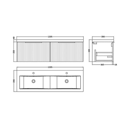 Hudson Reed Fluted 1200mm Wall Hung 2 Drawer Vanity & Double Basin Contemp Satin Blue MFC Painted Gloss 399x1205x383mm - DFF394F - JJ Building Materials