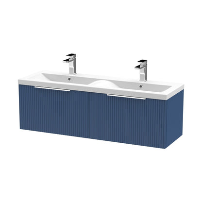 Hudson Reed Fluted 1200mm Wall Hung 2 Drawer Vanity & Double Basin Contemp Satin Blue MFC Painted Gloss 399x1205x383mm - DFF394F - JJ Building Materials