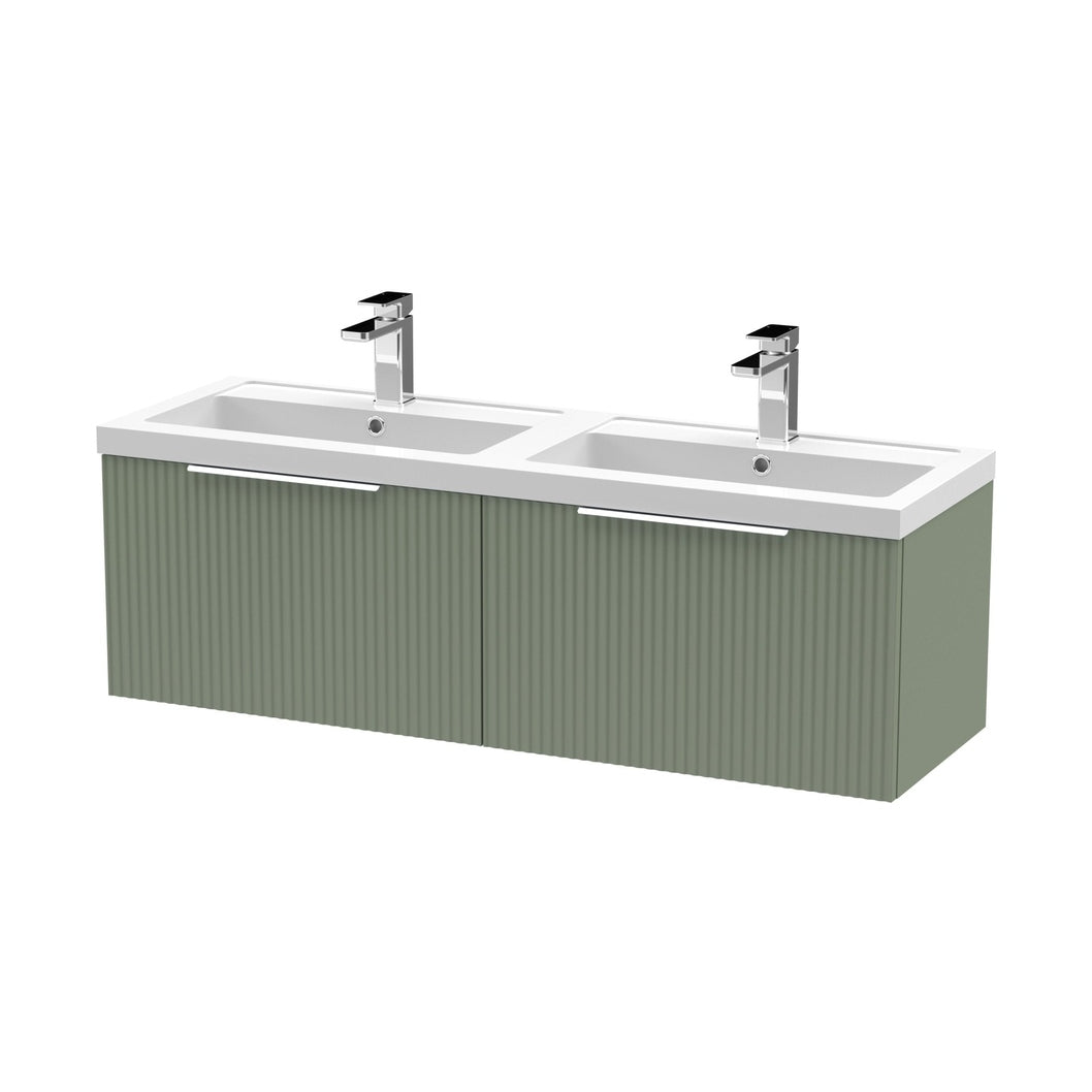 Hudson Reed Fluted 1200mm Wall Hung 2 Drawer Vanity & Double Basin Contemp Satin Green MFC Painted Gloss 399x1205x383mm - DFF894C - JJ Building Materials