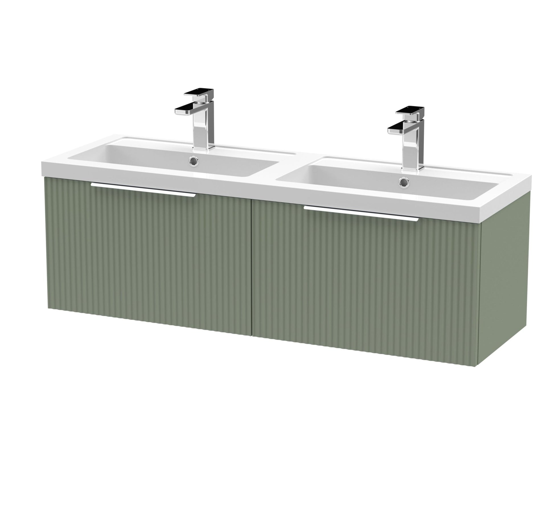 Hudson Reed Fluted 1200mm Wall Hung 2 Drawer Vanity & Double Basin Contemp Satin Green MFC Painted Gloss 399x1205x383mm - DFF894C - JJ Building Materials