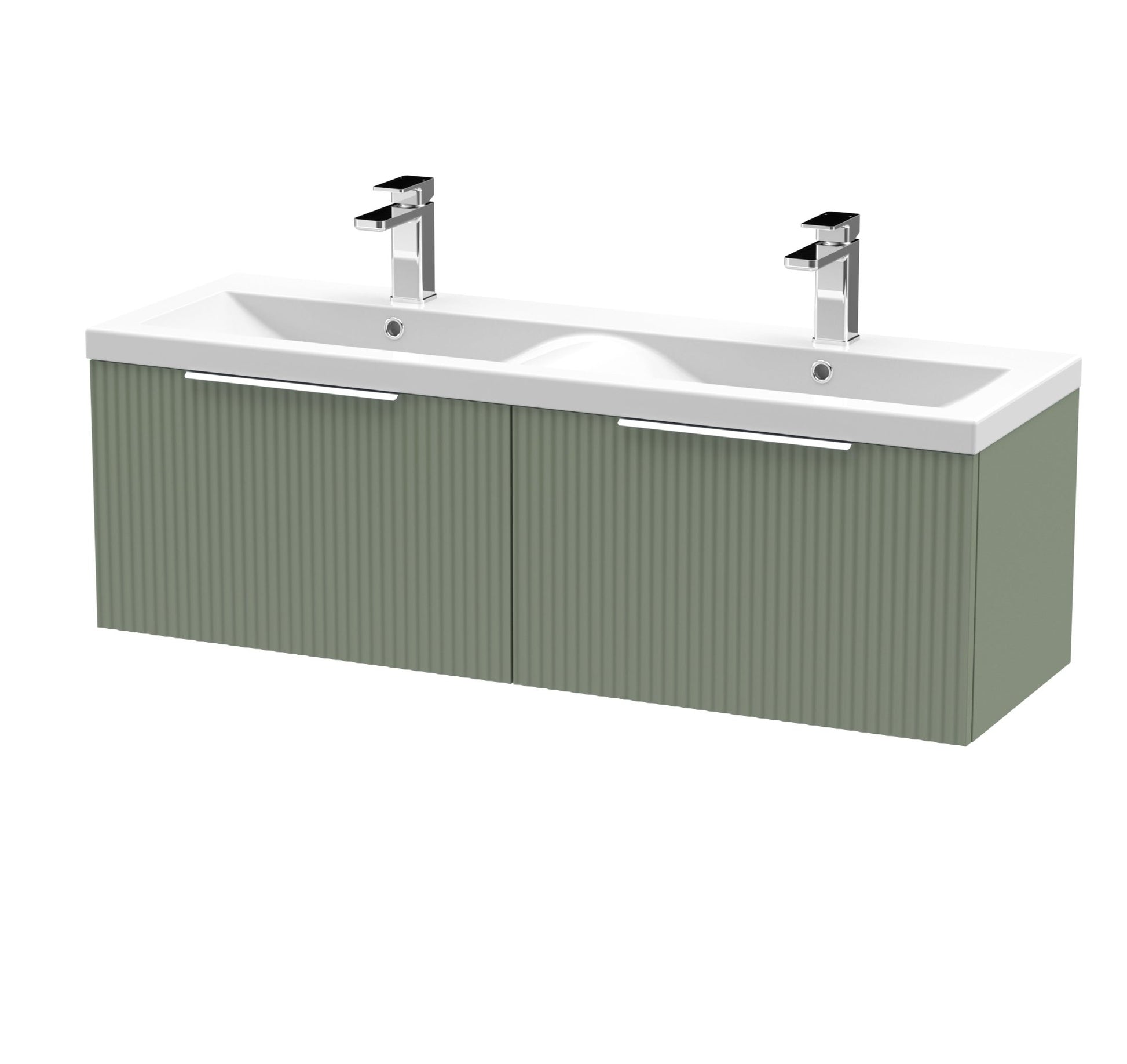Hudson Reed Fluted 1200mm Wall Hung 2 Drawer Vanity & Double Basin Contemp Satin Green MFC Painted Gloss 399x1205x383mm - DFF894F - JJ Building Materials