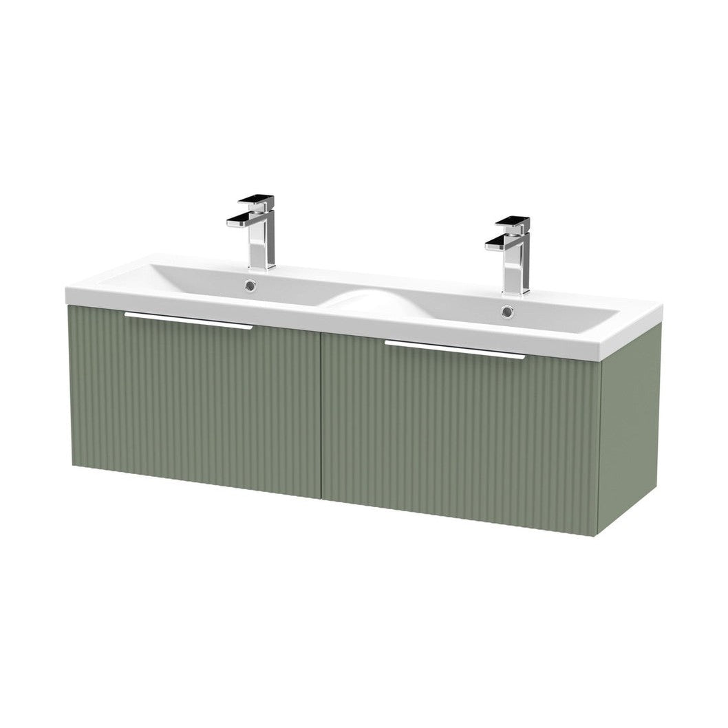 Hudson Reed Fluted 1200mm Wall Hung 2 Drawer Vanity & Double Basin Contemp Satin Green MFC Painted Gloss 399x1205x383mm - DFF894F - JJ Building Materials