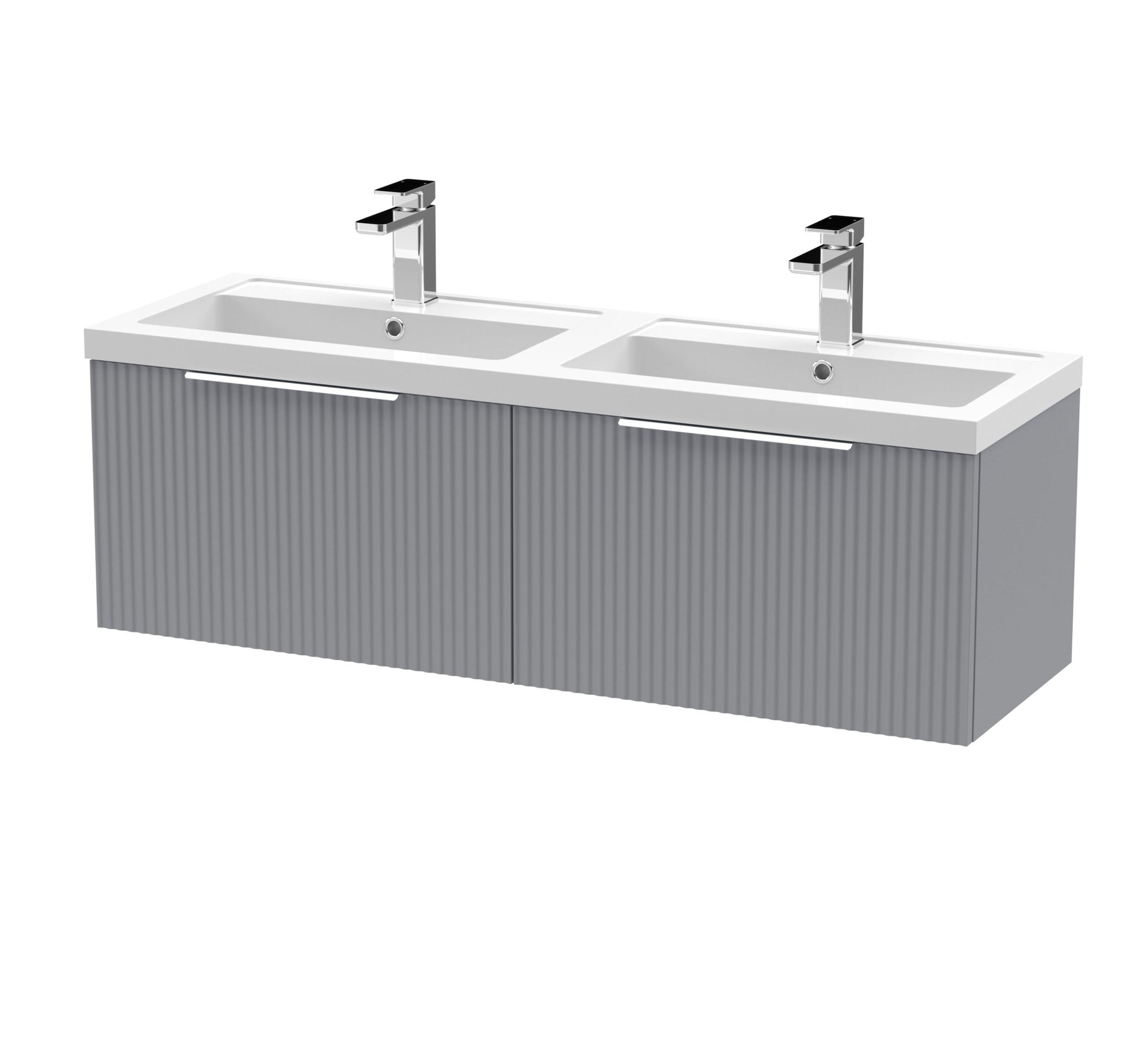 Hudson Reed Fluted 1200mm Wall Hung 2 Drawer Vanity & Double Basin Contemp Satin Grey MFC Painted Gloss 399x1205x383mm - DFF294C - JJ Building Materials