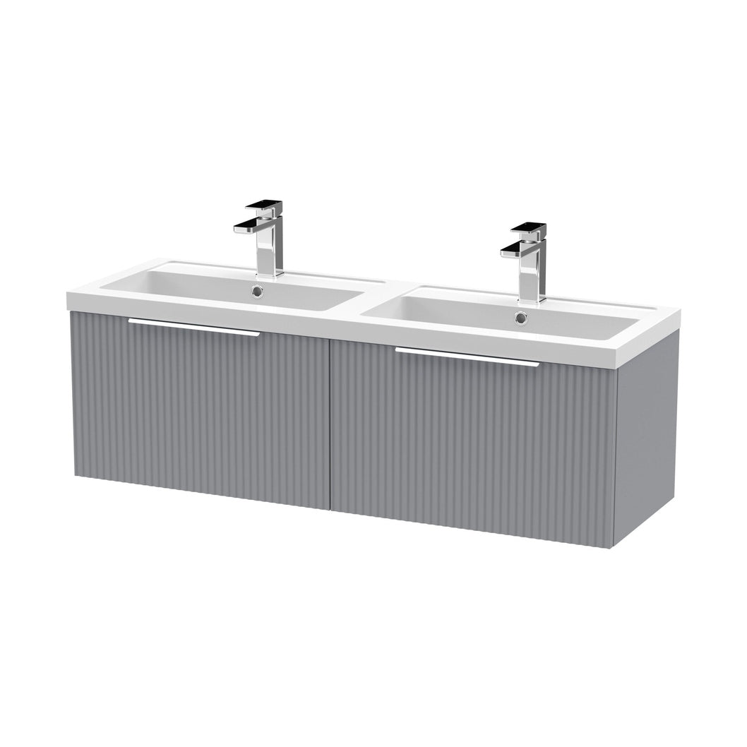 Hudson Reed Fluted 1200mm Wall Hung 2 Drawer Vanity & Double Basin Contemp Satin Grey MFC Painted Gloss 399x1205x383mm - DFF294C - JJ Building Materials