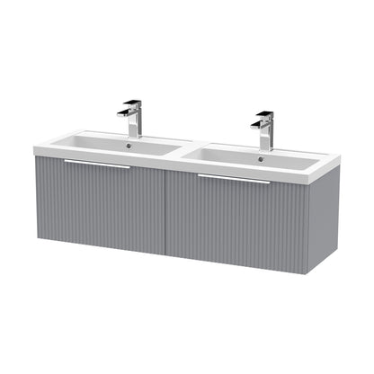 Hudson Reed Fluted 1200mm Wall Hung 2 Drawer Vanity & Double Basin Contemp Satin Grey MFC Painted Gloss 399x1205x383mm - DFF294C - JJ Building Materials