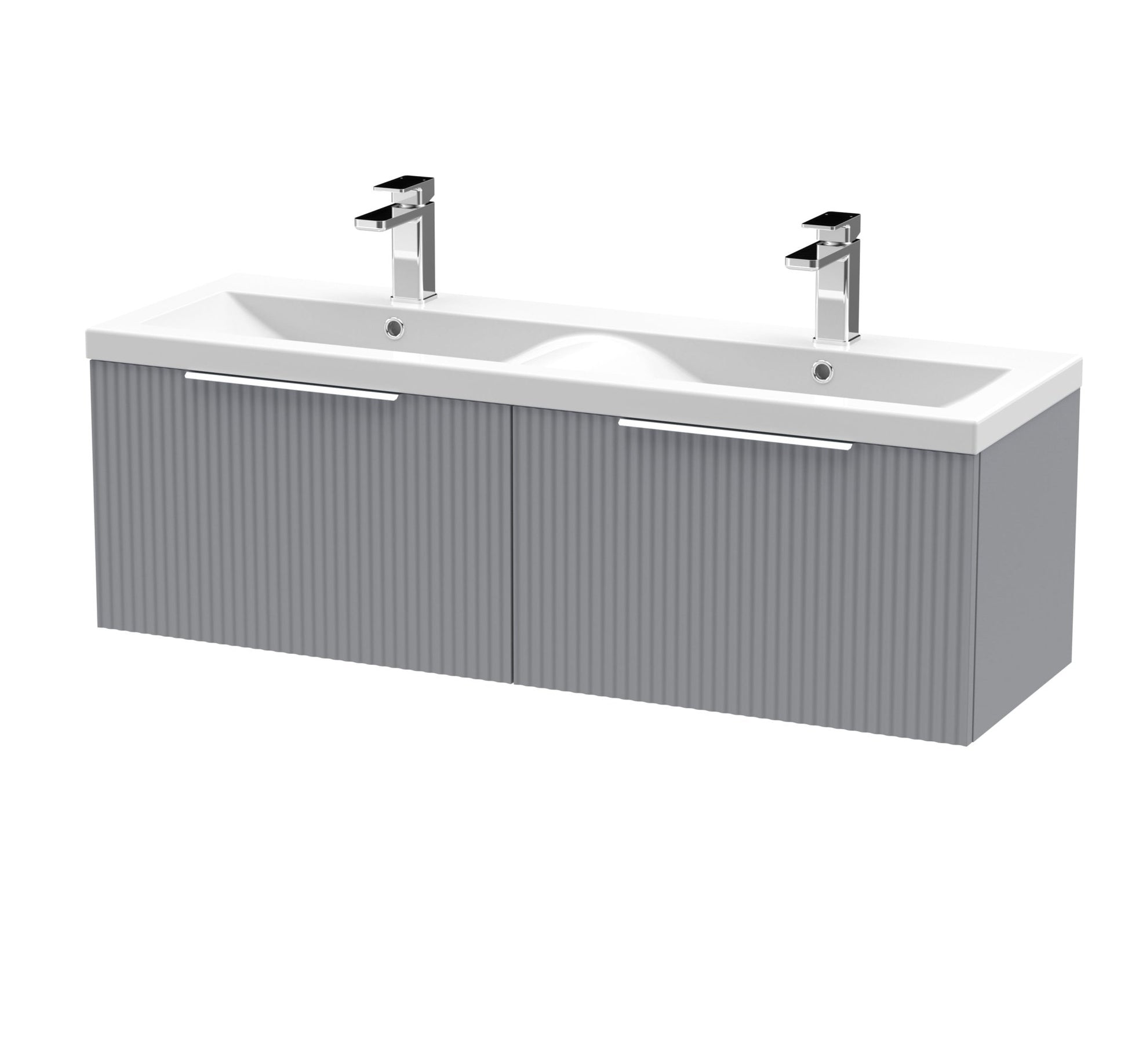 Hudson Reed Fluted 1200mm Wall Hung 2 Drawer Vanity & Double Basin Contemp Satin Grey MFC Painted Gloss 399x1205x383mm - DFF294F - JJ Building Materials