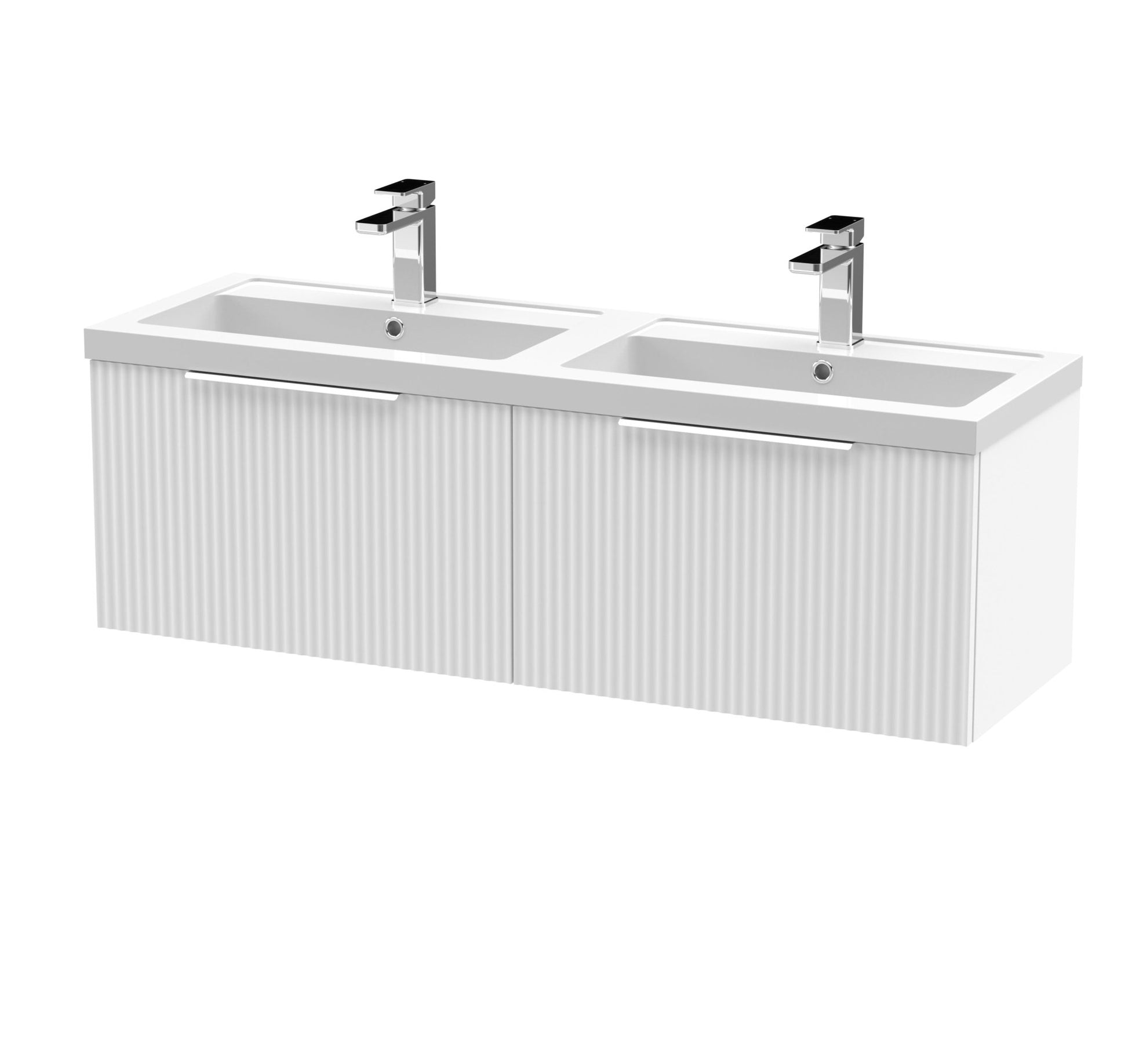 Hudson Reed Fluted 1200mm Wall Hung 2 Drawer Vanity & Double Basin Contemp Satin White MFC Painted Gloss 399x1205x383mm - DFF194C - JJ Building Materials