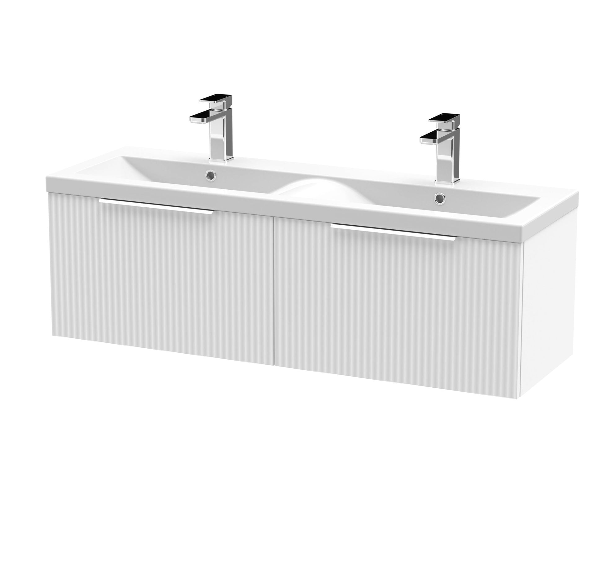 Hudson Reed Fluted 1200mm Wall Hung 2 Drawer Vanity & Double Basin Contemp Satin White MFC Painted Gloss 399x1205x383mm - DFF194F - JJ Building Materials