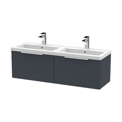 Hudson Reed Fluted 1200mm Wall Hung 2 Drawer Vanity & Double Basin Contemp Soft Black MFC Painted Gloss 399x1205x383mm - DFF1494C - JJ Building Materials