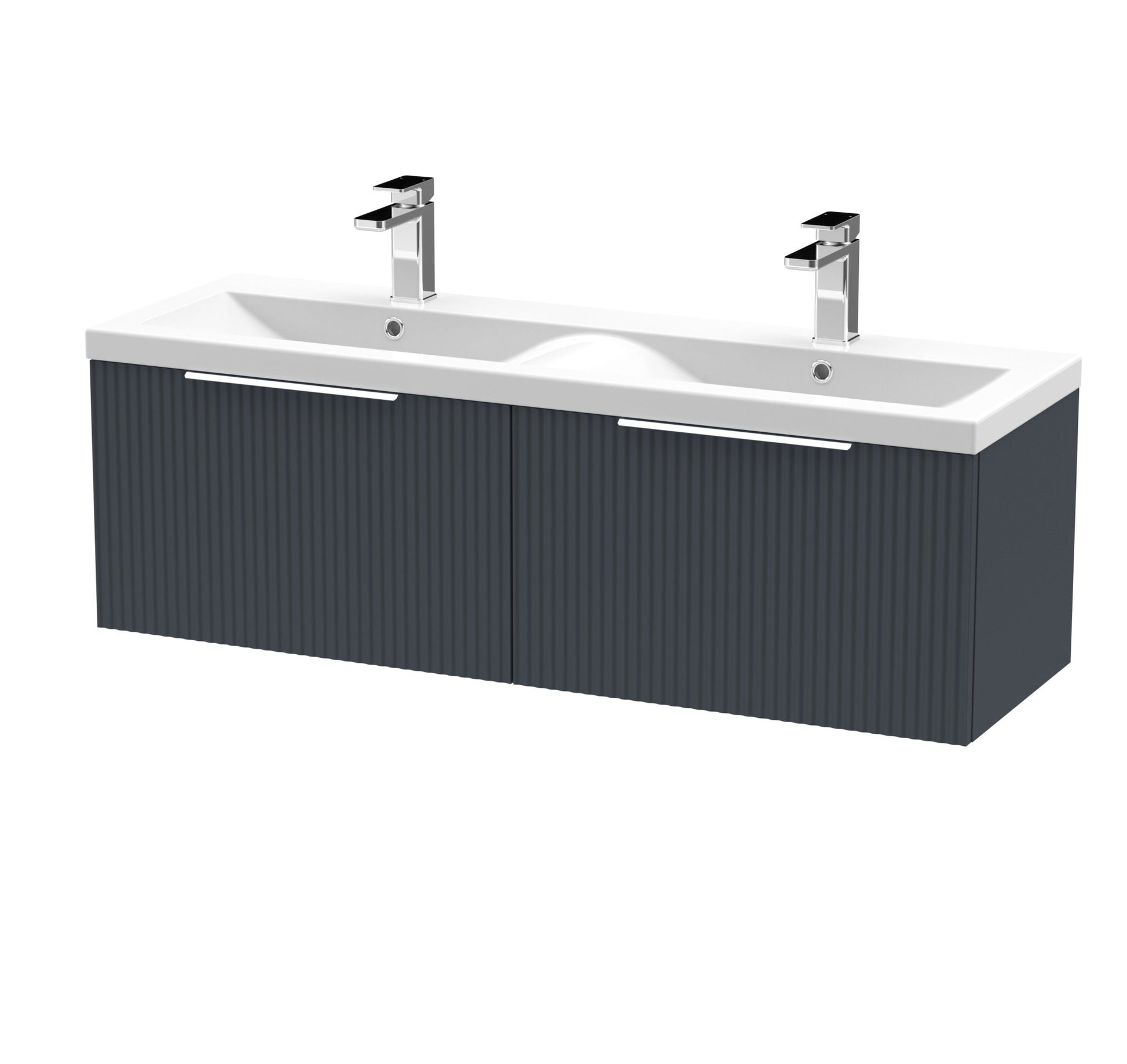 Hudson Reed Fluted 1200mm Wall Hung 2 Drawer Vanity & Double Basin Contemp Soft Black MFC Painted Gloss 399x1205x383mm - DFF1494F - JJ Building Materials