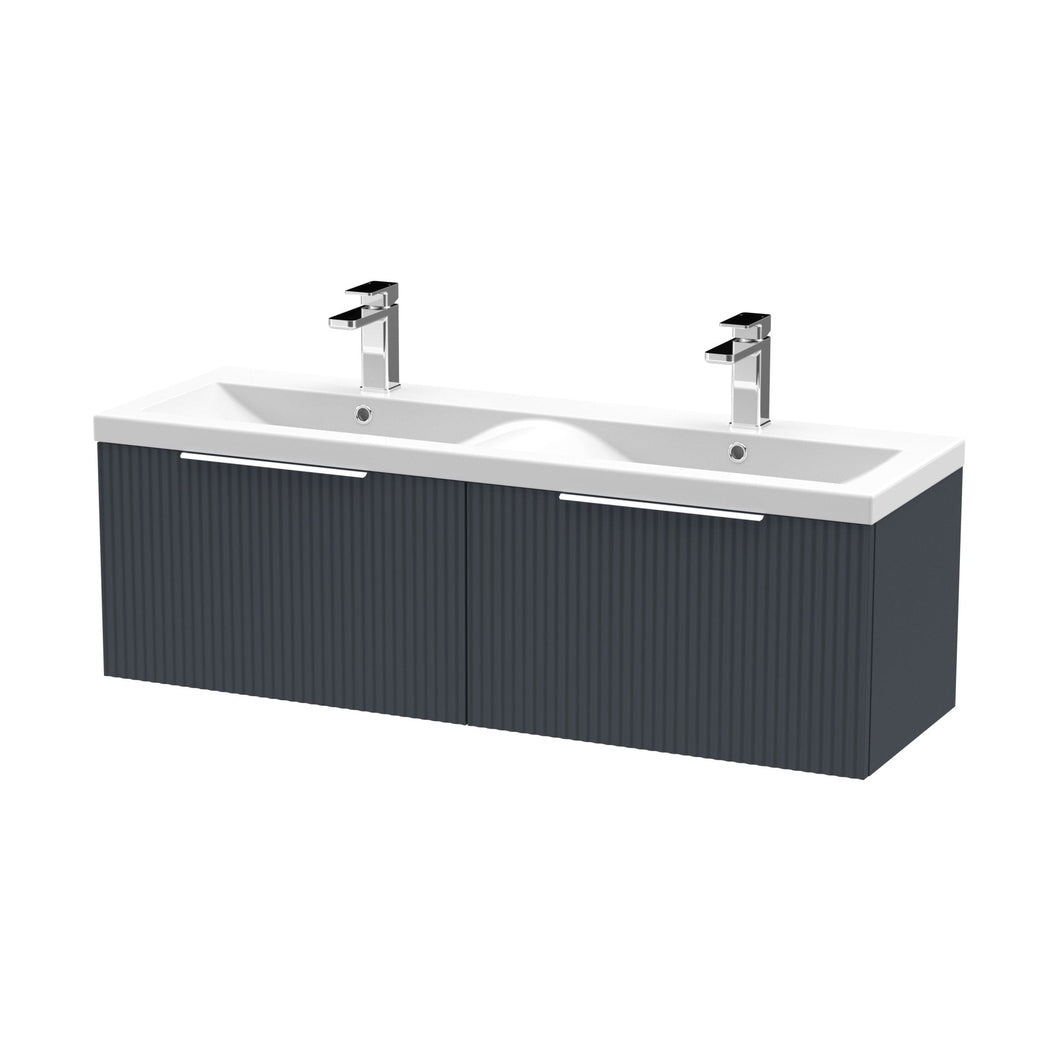 Hudson Reed Fluted 1200mm Wall Hung 2 Drawer Vanity & Double Basin Contemp Soft Black MFC Painted Gloss 399x1205x383mm - DFF1494F - JJ Building Materials