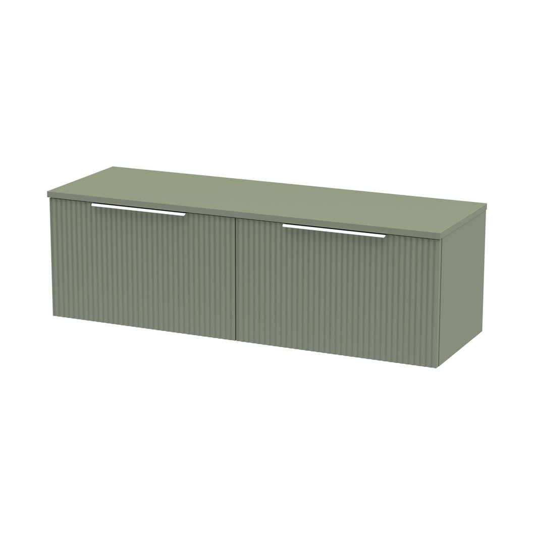 Hudson Reed Fluted 1200mm Wall Hung 2 Drawer Vanity & Worktop Contemp Satin Green MFC Painted Gloss 377x1205x390mm - JJ Building Materials