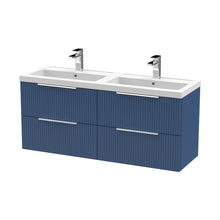 Hudson Reed Fluted 1200mm Wall Hung 4 Drawer Vanity & Double Basin Contemp Satin Blue MFC Painted Gloss 540x1205x383mm - DFF393C - JJ Building Materials