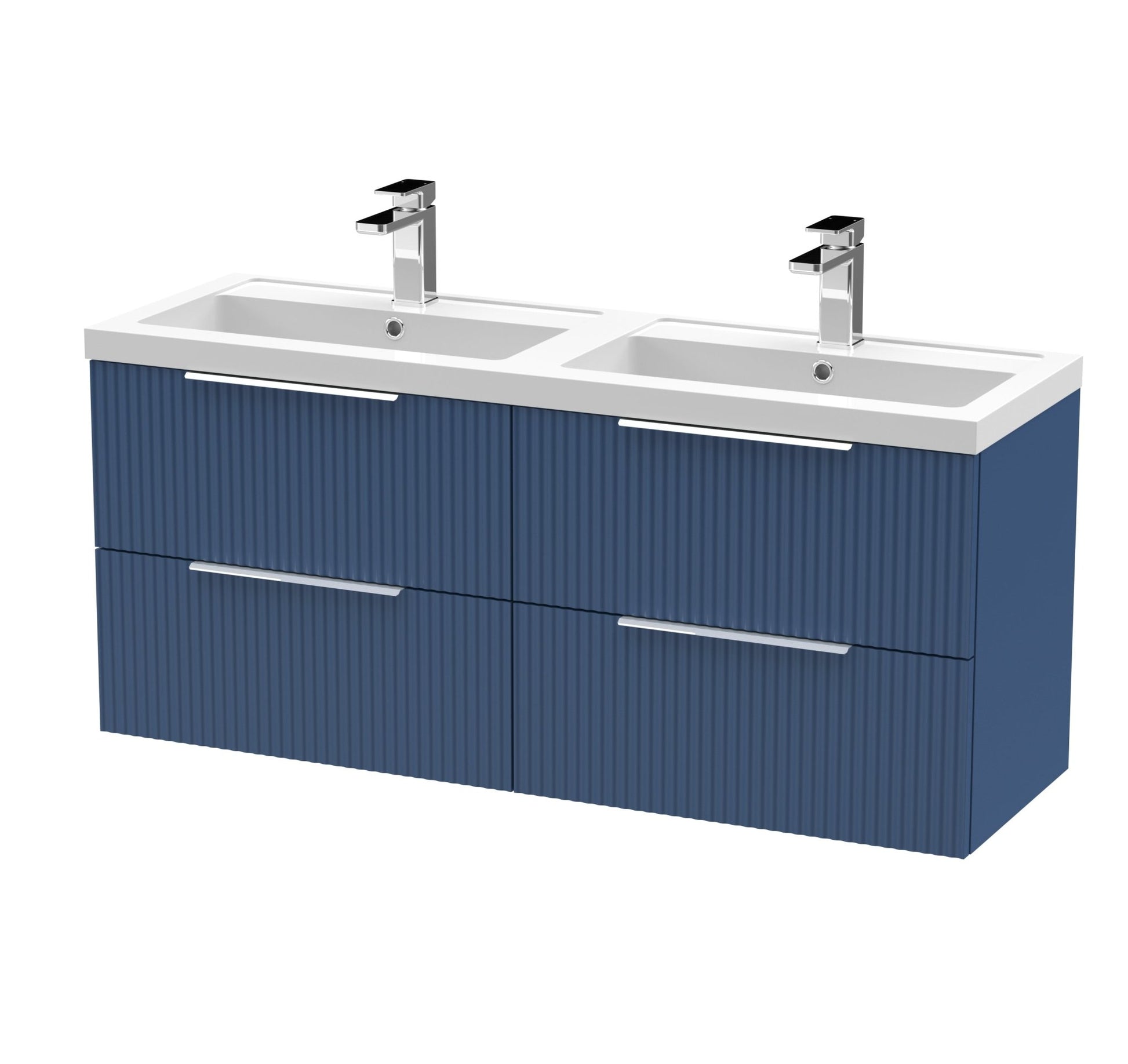 Hudson Reed Fluted 1200mm Wall Hung 4 Drawer Vanity & Double Basin Contemp Satin Blue MFC Painted Gloss 540x1205x383mm - DFF393C - JJ Building Materials
