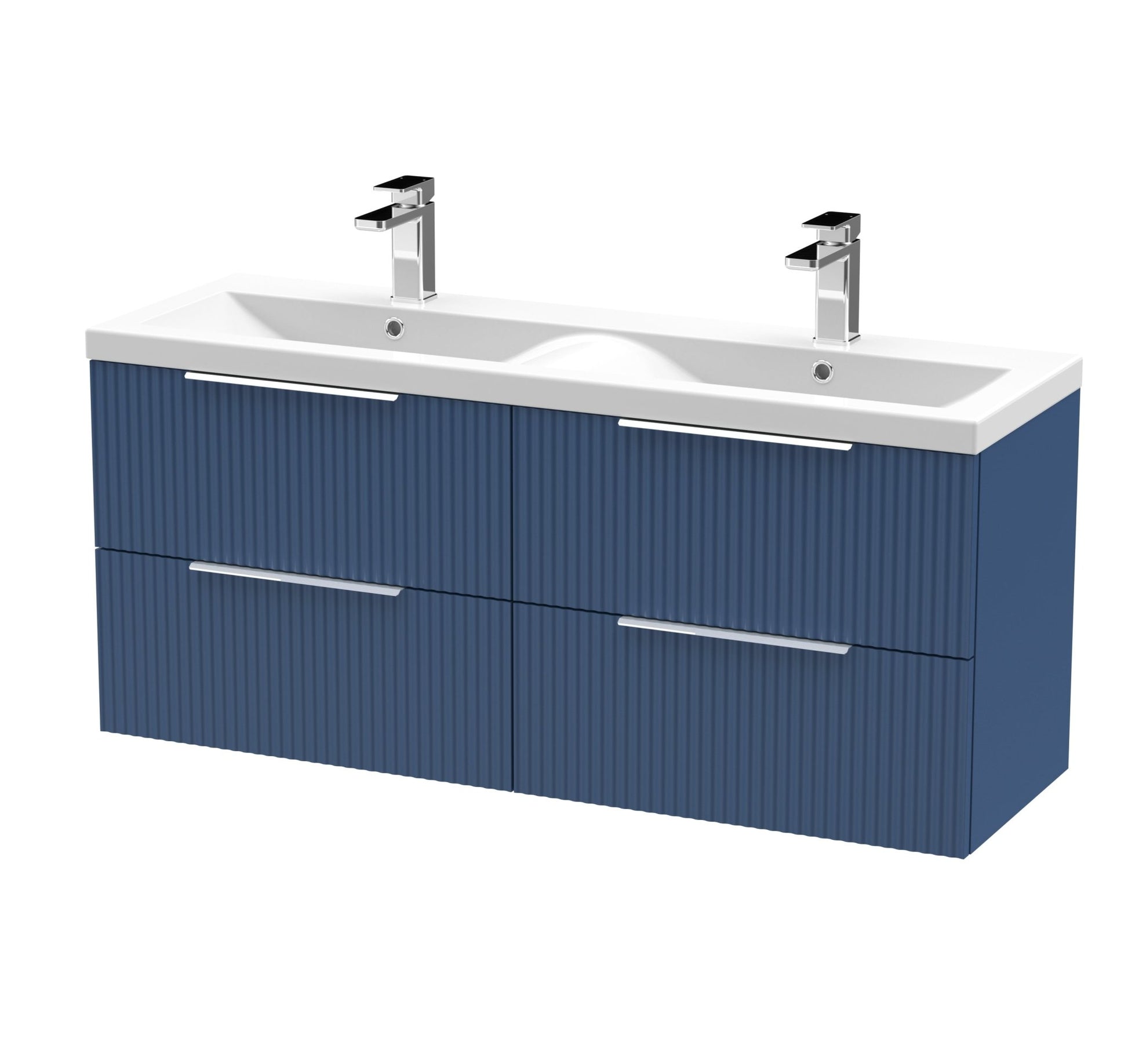 Hudson Reed Fluted 1200mm Wall Hung 4 Drawer Vanity & Double Basin Contemp Satin Blue MFC Painted Gloss 540x1205x383mm - DFF393F - JJ Building Materials