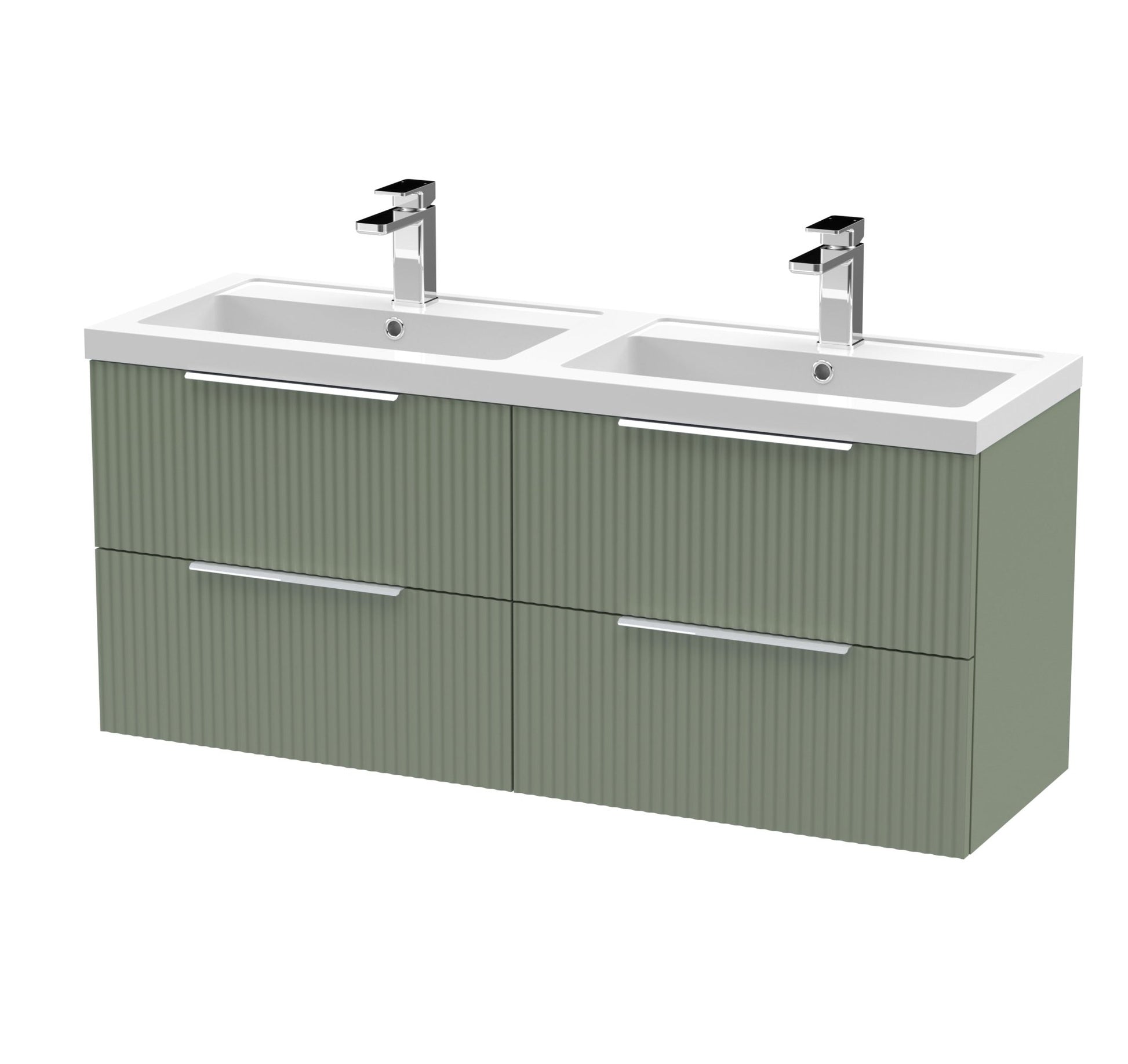Hudson Reed Fluted 1200mm Wall Hung 4 Drawer Vanity & Double Basin Contemp Satin Green MFC Painted Gloss 540x1205x383mm - DFF893C - JJ Building Materials