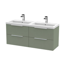 Hudson Reed Fluted 1200mm Wall Hung 4 Drawer Vanity & Double Basin Contemp Satin Green MFC Painted Gloss 540x1205x383mm - DFF893C - JJ Building Materials