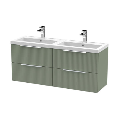 Hudson Reed Fluted 1200mm Wall Hung 4 Drawer Vanity & Double Basin Contemp Satin Green MFC Painted Gloss 540x1205x383mm - DFF893C - JJ Building Materials