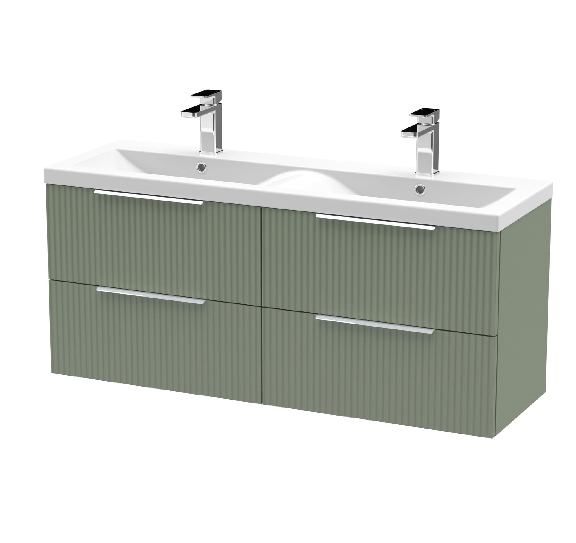 Hudson Reed Fluted 1200mm Wall Hung 4 Drawer Vanity & Double Basin Contemp Satin Green MFC Painted Gloss 540x1205x383mm - DFF893F - JJ Building Materials