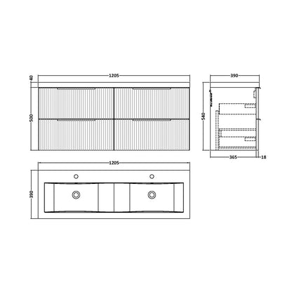 Hudson Reed Fluted 1200mm Wall Hung 4 Drawer Vanity & Double Basin Contemp Satin Green MFC Painted Gloss 540x1205x383mm - DFF893F - JJ Building Materials