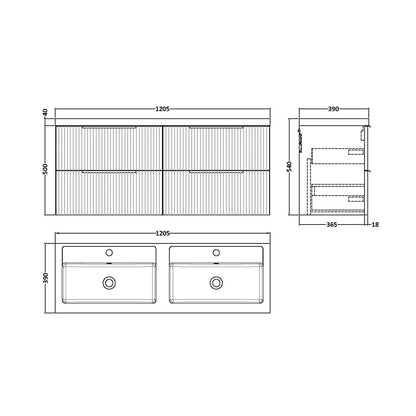 Hudson Reed Fluted 1200mm Wall Hung 4 Drawer Vanity & Double Basin Contemp Satin Grey MFC Painted Gloss 540x1205x383mm - DFF293C - JJ Building Materials
