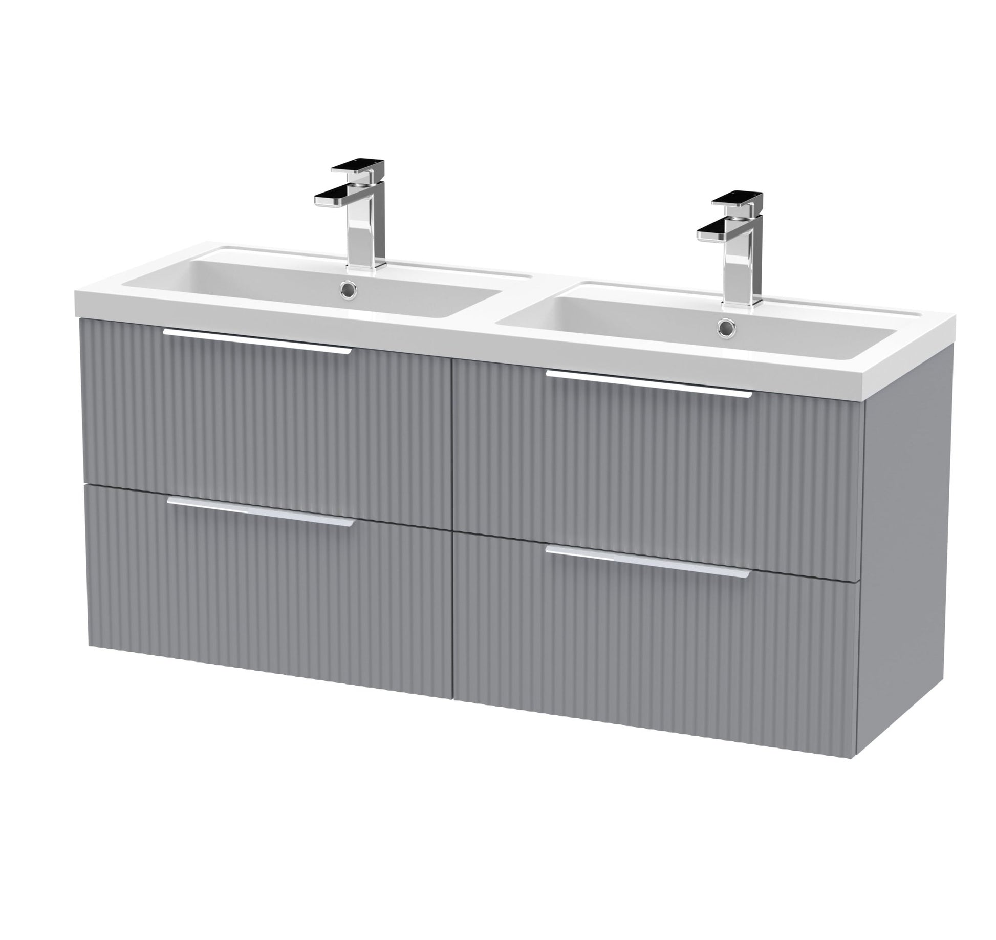 Hudson Reed Fluted 1200mm Wall Hung 4 Drawer Vanity & Double Basin Contemp Satin Grey MFC Painted Gloss 540x1205x383mm - DFF293C - JJ Building Materials