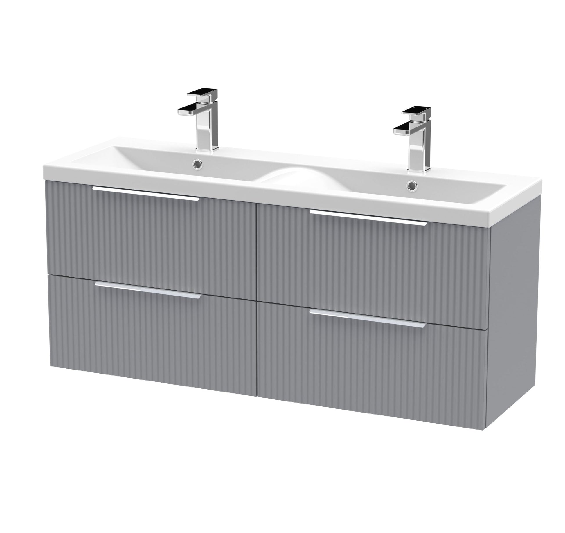 Hudson Reed Fluted 1200mm Wall Hung 4 Drawer Vanity & Double Basin Contemp Satin Grey MFC Painted Gloss 540x1205x383mm - DFF293F - JJ Building Materials