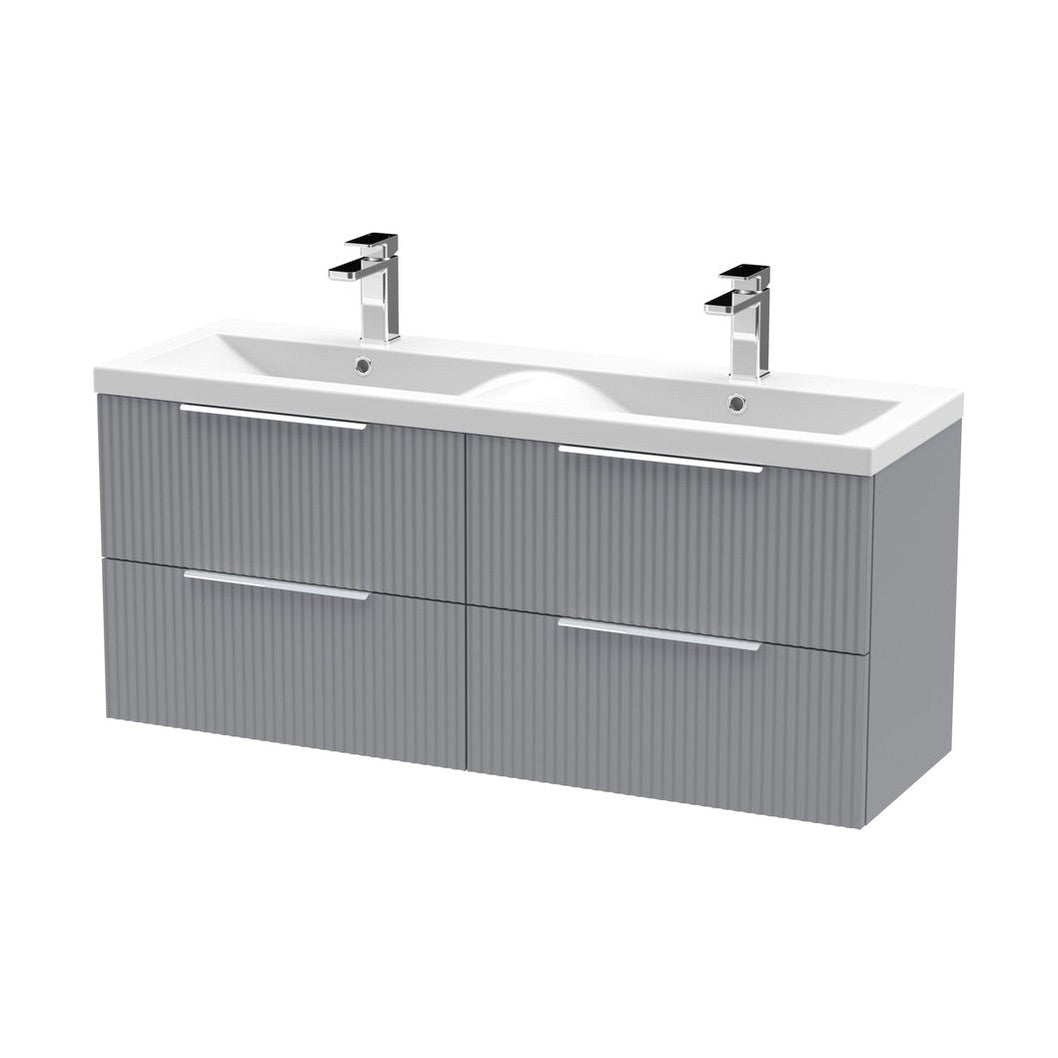 Hudson Reed Fluted 1200mm Wall Hung 4 Drawer Vanity & Double Basin Contemp Satin Grey MFC Painted Gloss 540x1205x383mm - DFF293F - JJ Building Materials