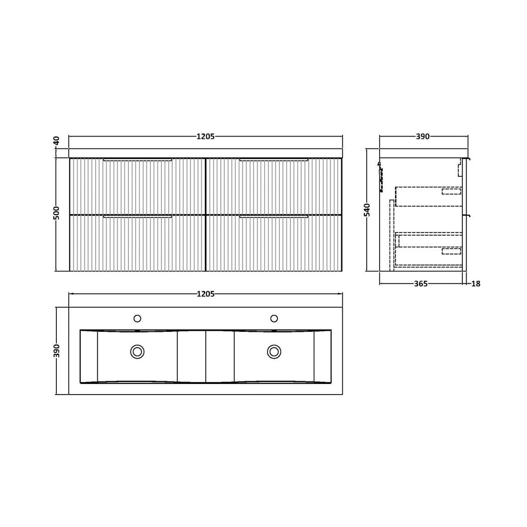 Hudson Reed Fluted 1200mm Wall Hung 4 Drawer Vanity & Double Basin Contemp Satin Grey MFC Painted Gloss 540x1205x383mm - DFF293F - JJ Building Materials