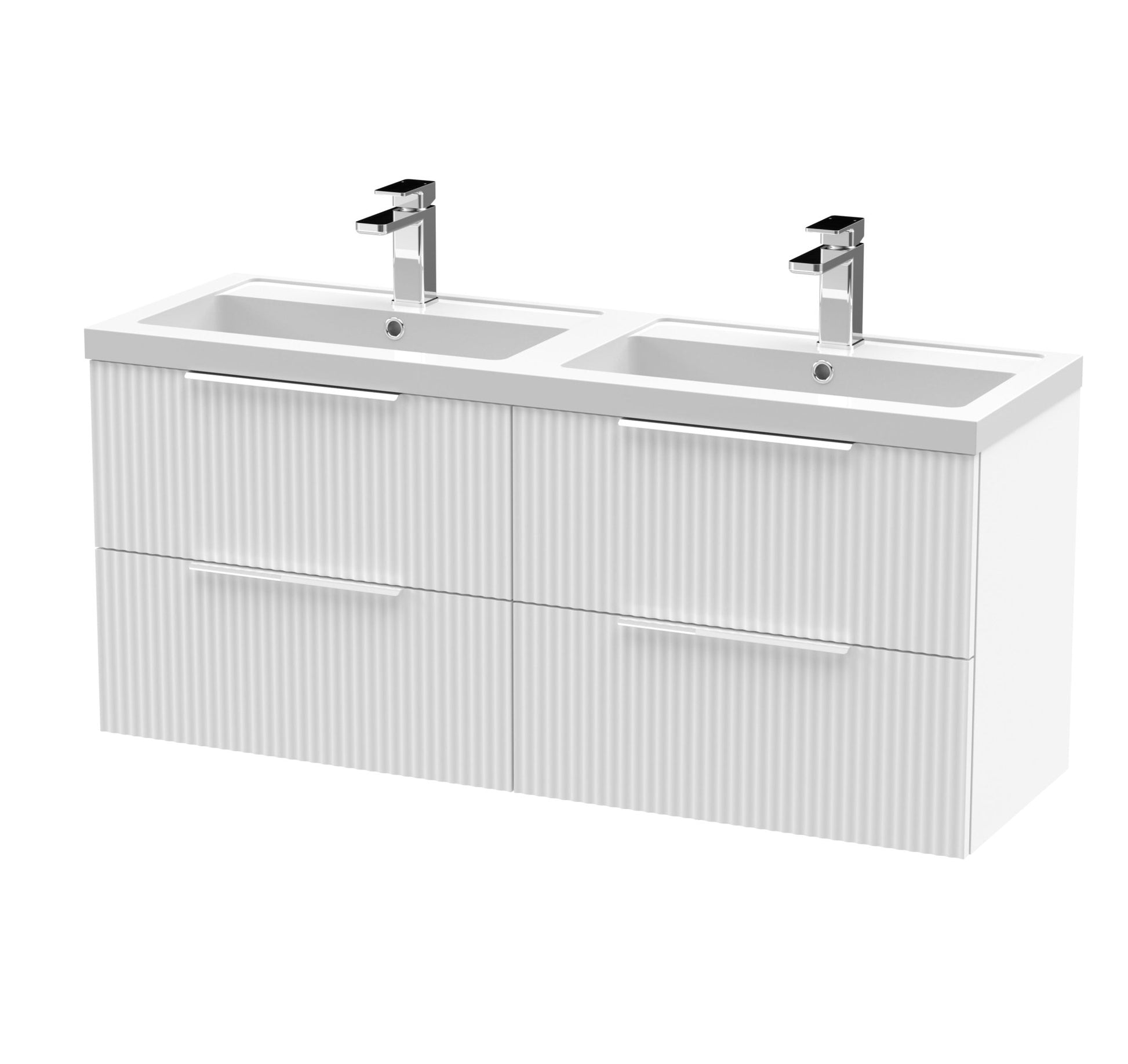 Hudson Reed Fluted 1200mm Wall Hung 4 Drawer Vanity & Double Basin Contemp Satin White MFC Painted Gloss 540x1205x383mm - DFF193C - JJ Building Materials