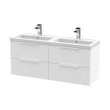 Hudson Reed Fluted 1200mm Wall Hung 4 Drawer Vanity & Double Basin Contemp Satin White MFC Painted Gloss 540x1205x383mm - DFF193C - JJ Building Materials