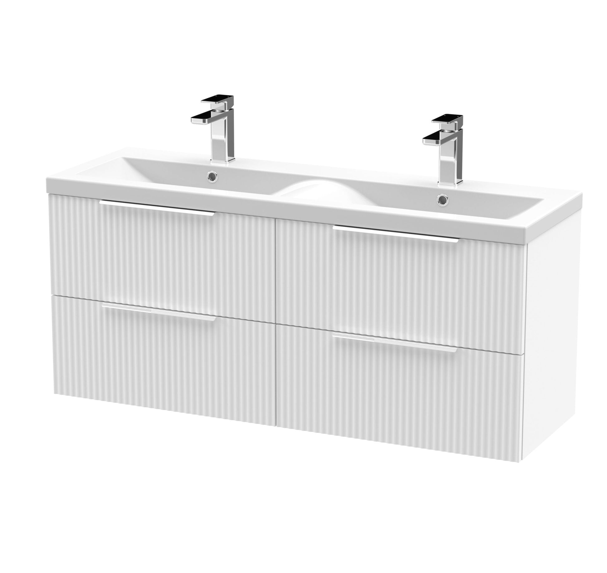 Hudson Reed Fluted 1200mm Wall Hung 4 Drawer Vanity & Double Basin Contemp Satin White MFC Painted Gloss 540x1205x383mm - DFF193F - JJ Building Materials