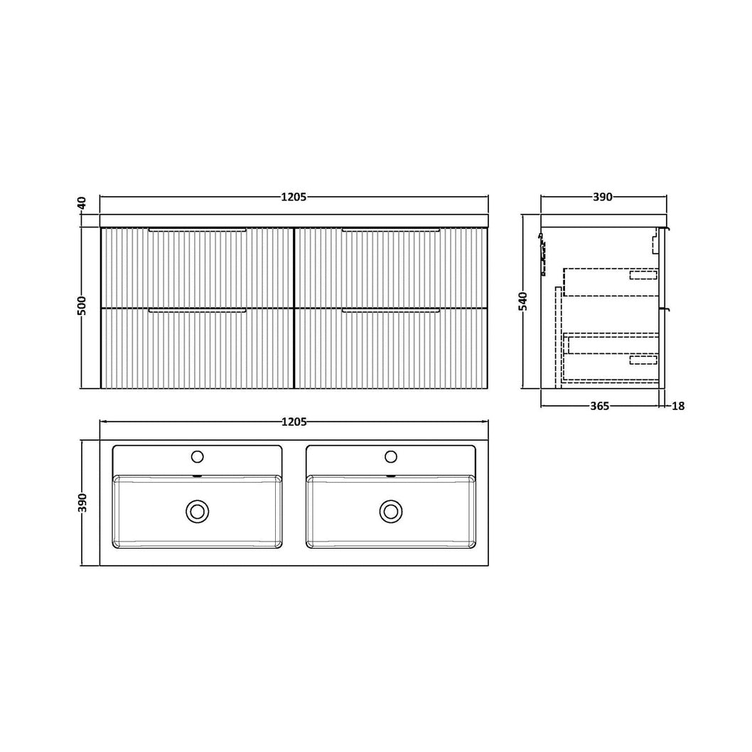 Hudson Reed Fluted 1200mm Wall Hung 4 Drawer Vanity & Double Basin Contemp Soft Black MFC Painted Gloss 540x1205x383mm - DFF1493C - JJ Building Materials
