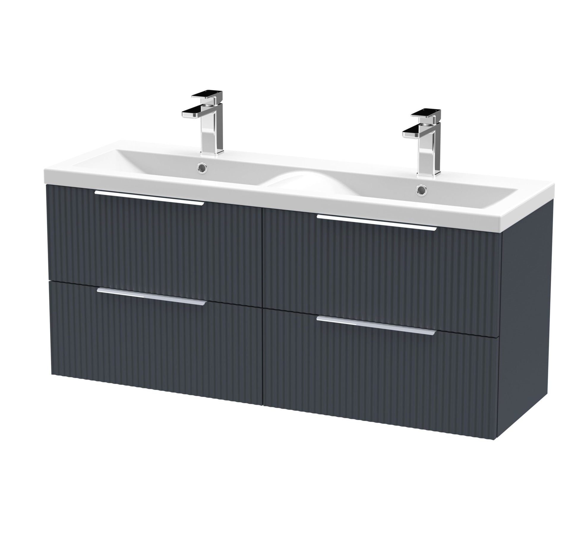 Hudson Reed Fluted 1200mm Wall Hung 4 Drawer Vanity & Double Basin Contemp Soft Black MFC Painted Gloss 540x1205x383mm - DFF1493F - JJ Building Materials