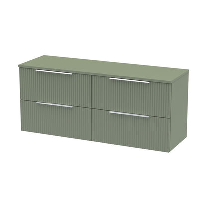 Hudson Reed Fluted 1200mm Wall Hung 4 Drawer Vanity & Worktop Contemp Satin Green MFC Painted Gloss 518x1205x390mm - JJ Building Materials