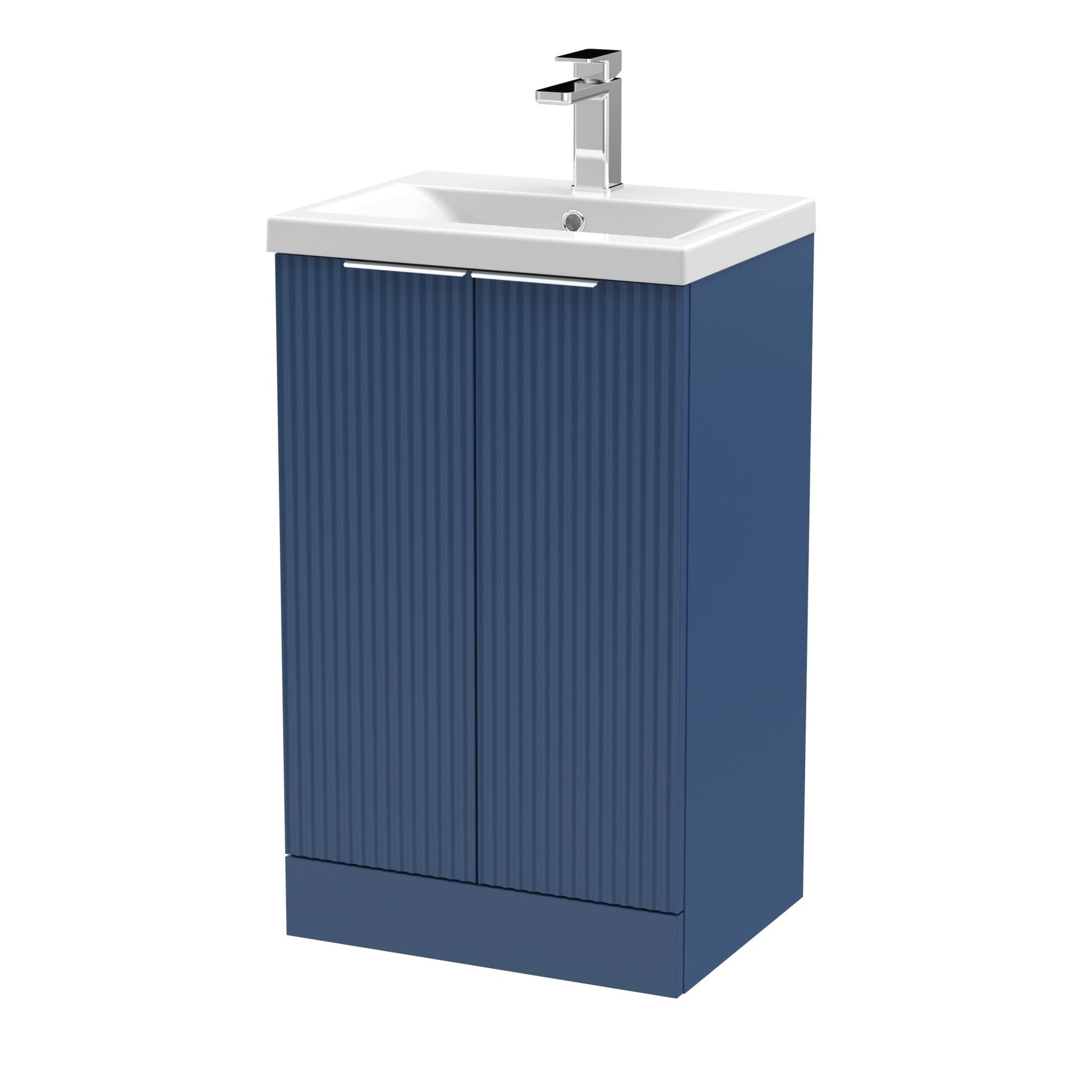 Hudson Reed Fluted 500mm Floor Standing 2 Door Vanity & Basin 1 Contemp Satin Blue MFC Painted Gloss 850x510x390mm - JJ Building Materials