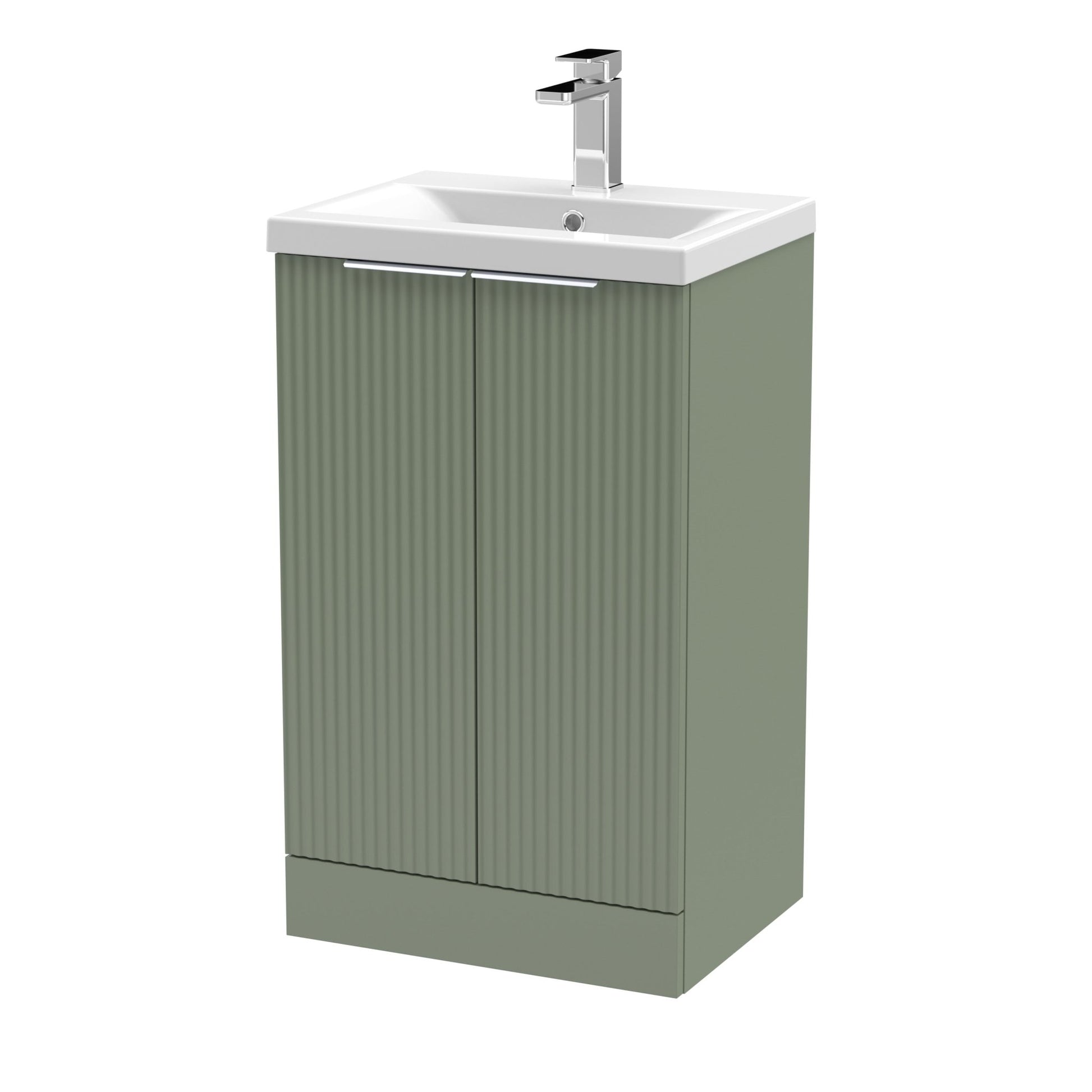 Hudson Reed Fluted 500mm Floor Standing 2 Door Vanity & Basin 1 Contemp Satin Green MFC Painted Gloss 850x510x390mm - JJ Building Materials