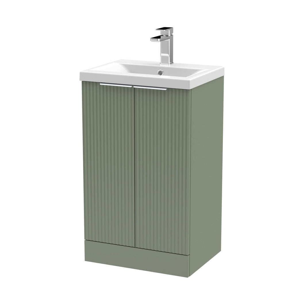 Hudson Reed Fluted 500mm Floor Standing 2 Door Vanity & Basin 1 Contemp Satin Green MFC Painted Gloss 850x510x390mm - JJ Building Materials