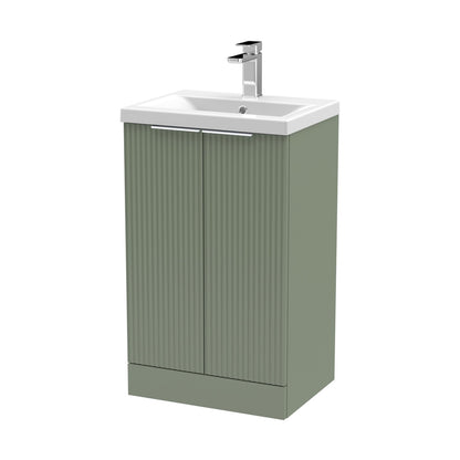 Hudson Reed Fluted 500mm Floor Standing 2 Door Vanity & Basin 1 Contemp Satin Green MFC Painted Gloss 850x510x390mm - JJ Building Materials