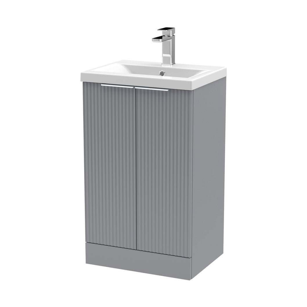Hudson Reed Fluted 500mm Floor Standing 2 Door Vanity & Basin 1 Contemp Satin Grey MFC Painted Gloss 850x510x390mm - JJ Building Materials