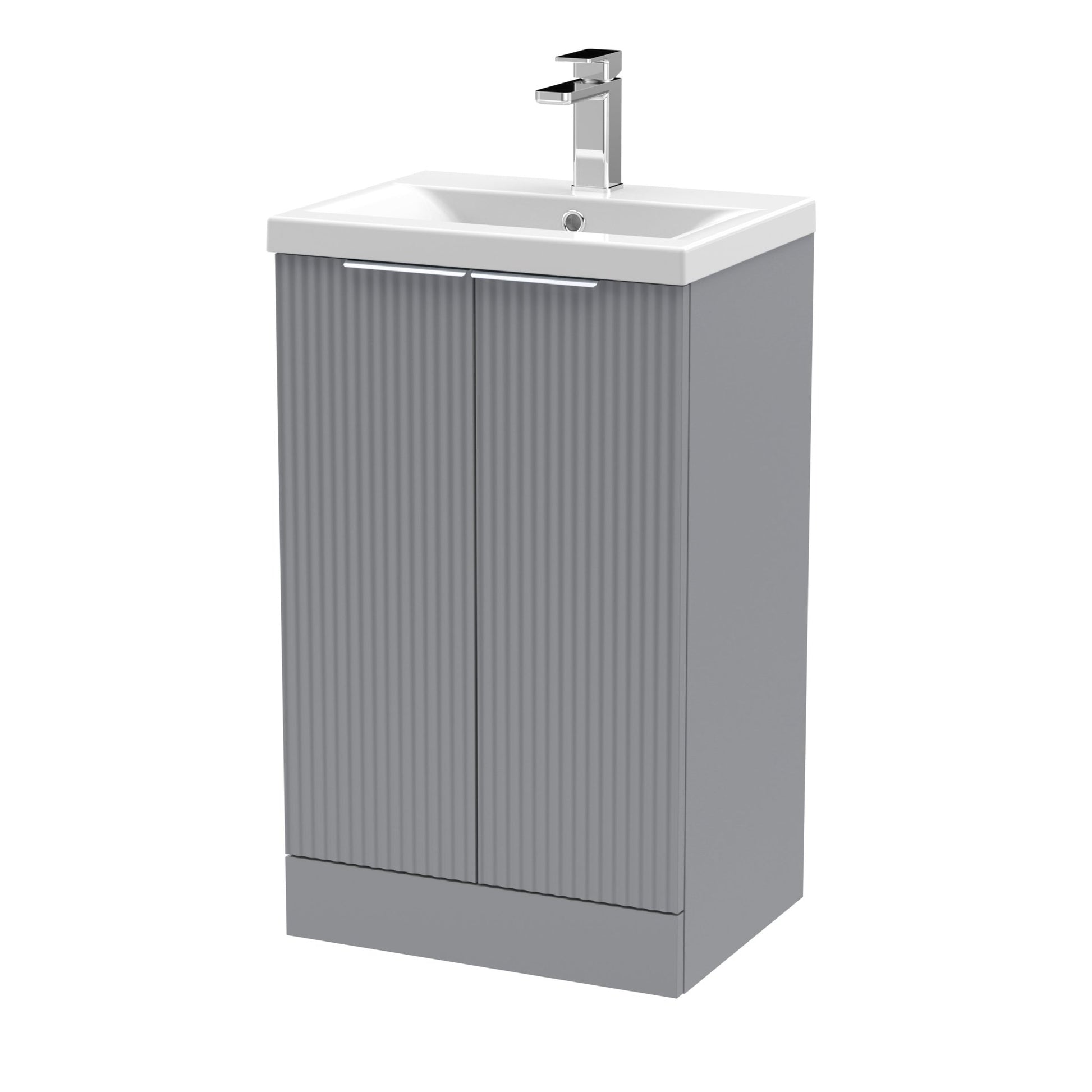 Hudson Reed Fluted 500mm Floor Standing 2 Door Vanity & Basin 1 Contemp Satin Grey MFC Painted Gloss 850x510x390mm - JJ Building Materials