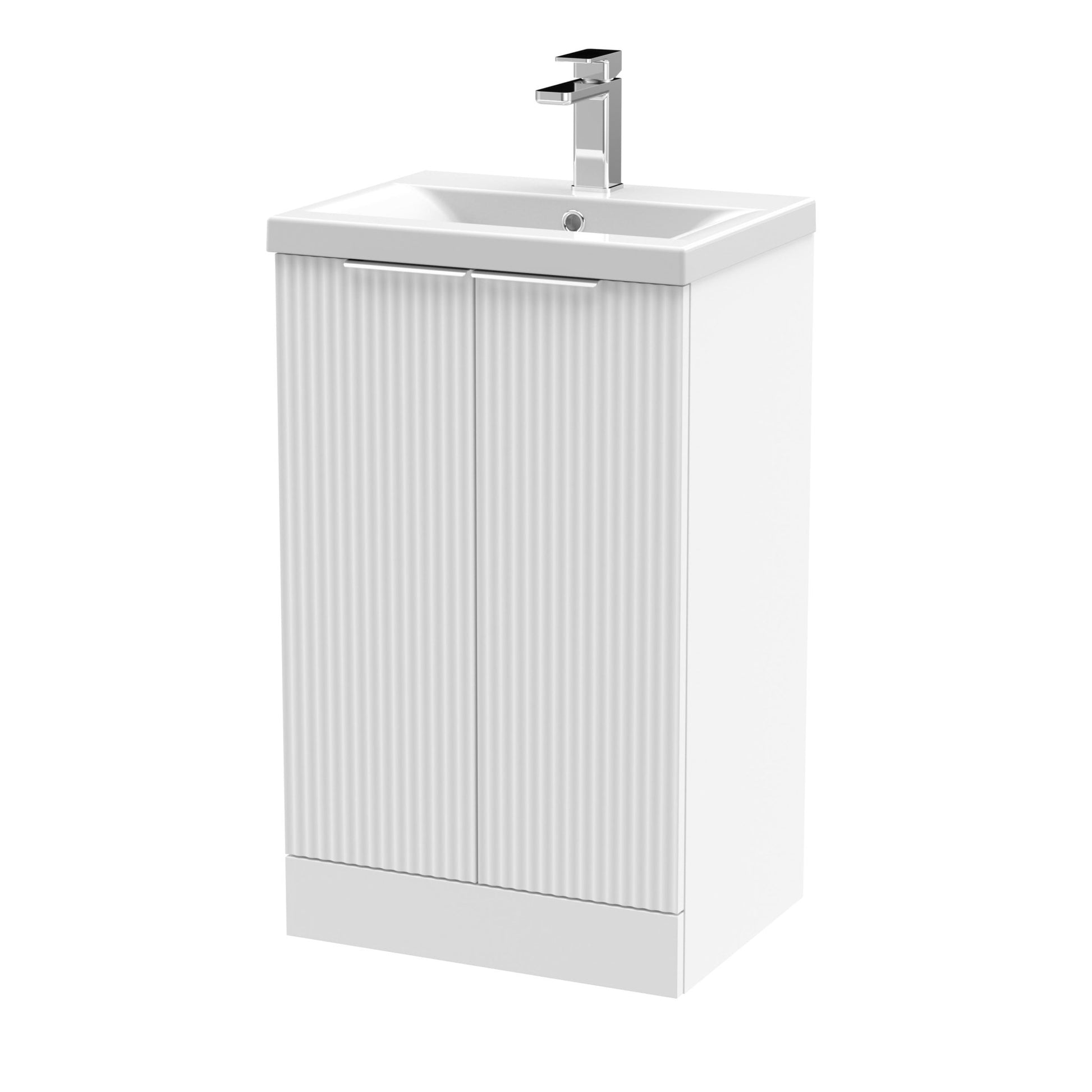 Hudson Reed Fluted 500mm Floor Standing 2 Door Vanity & Basin 1 Contemp Satin White MFC Painted Gloss 850x510x390mm - JJ Building Materials