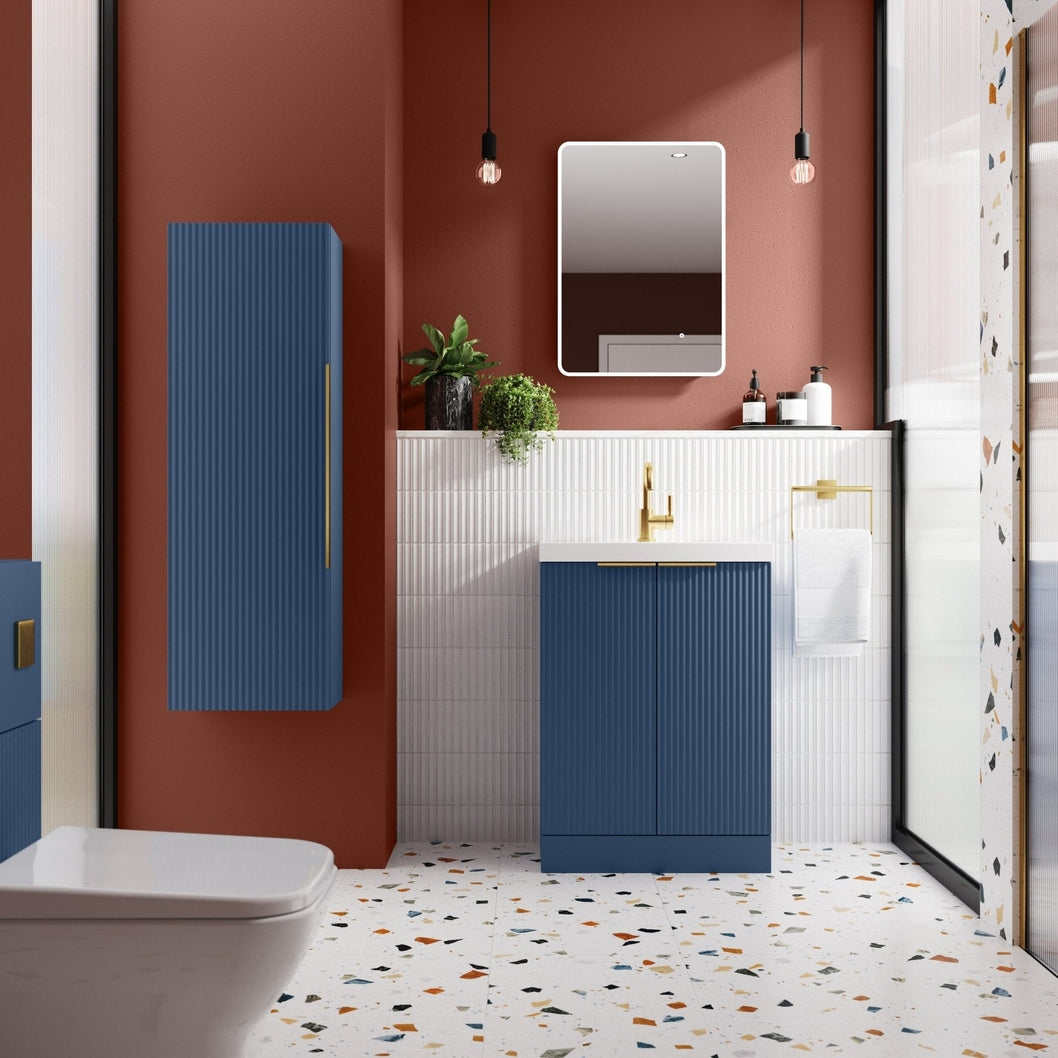 Hudson Reed Fluted 500mm Floor Standing 2 Door Vanity & Basin 2 Contemp Satin Blue MFC Painted Gloss 828x500x390mm - JJ Building Materials