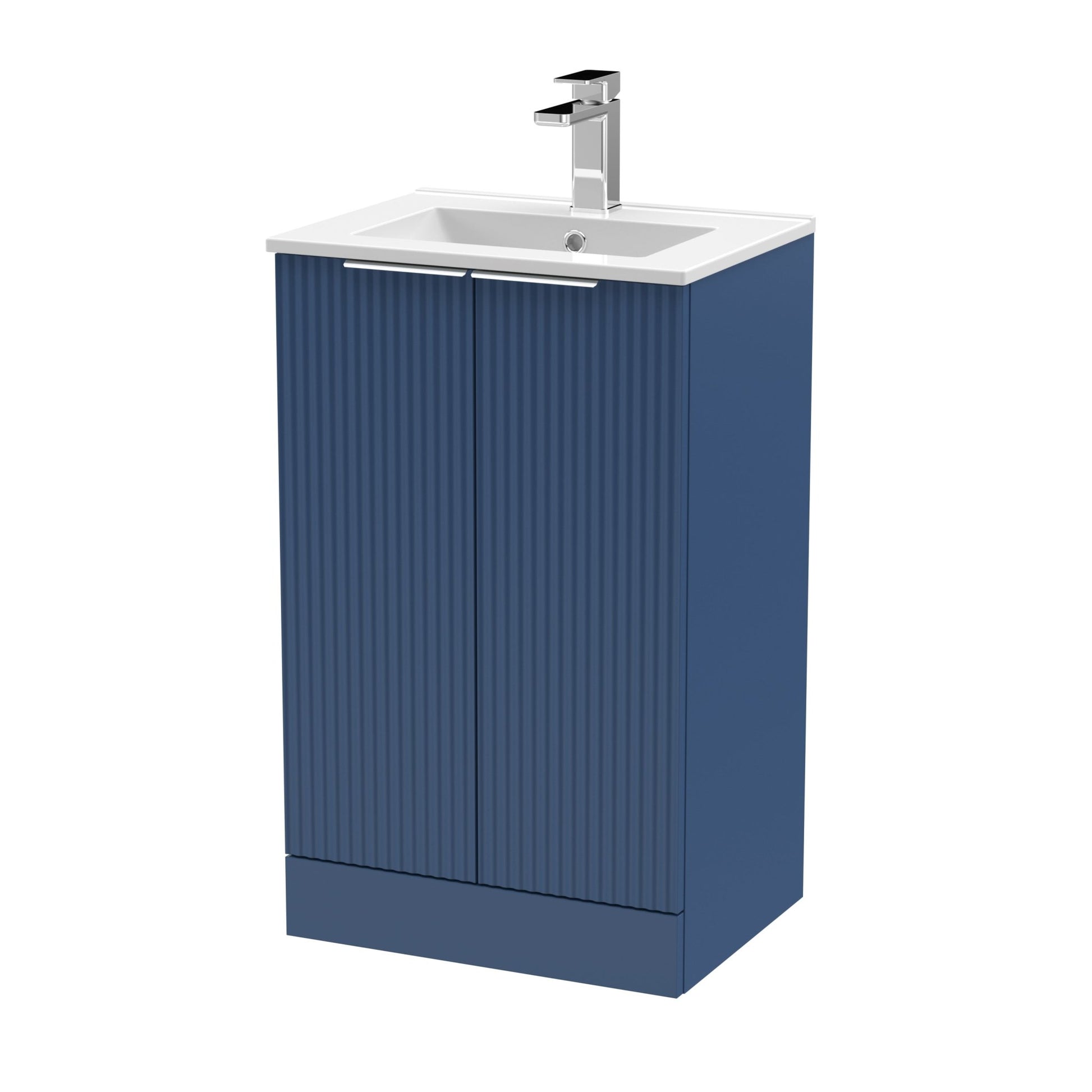 Hudson Reed Fluted 500mm Floor Standing 2 Door Vanity & Basin 2 Contemp Satin Blue MFC Painted Gloss 828x500x390mm - JJ Building Materials