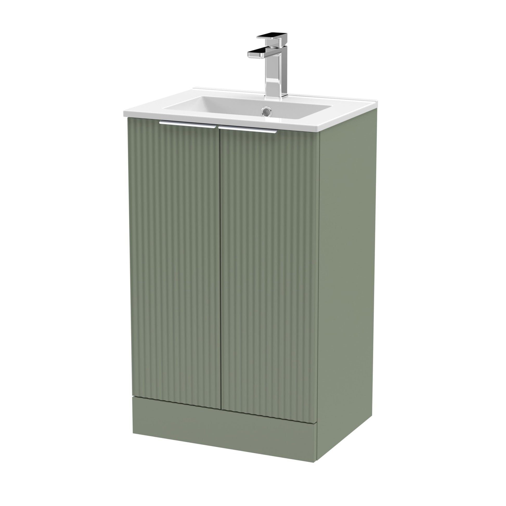 Hudson Reed Fluted 500mm Floor Standing 2 Door Vanity & Basin 2 Contemp Satin Green MFC Painted Gloss 828x500x390mm - JJ Building Materials