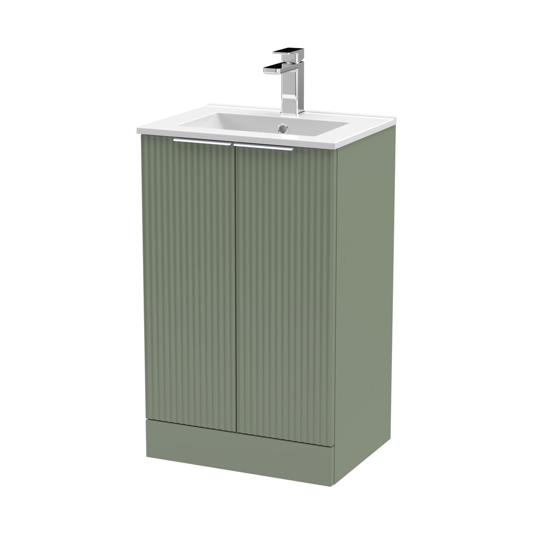 Hudson Reed Fluted 500mm Floor Standing 2 Door Vanity & Basin 2 Contemp Satin Green MFC Painted Gloss 828x500x390mm - JJ Building Materials