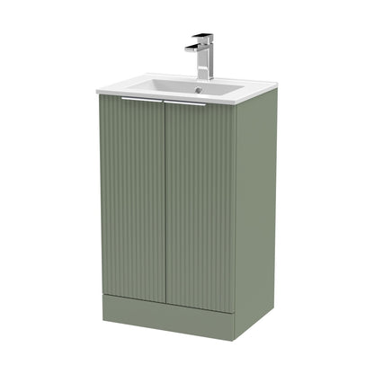Hudson Reed Fluted 500mm Floor Standing 2 Door Vanity & Basin 2 Contemp Satin Green MFC Painted Gloss 828x500x390mm - JJ Building Materials